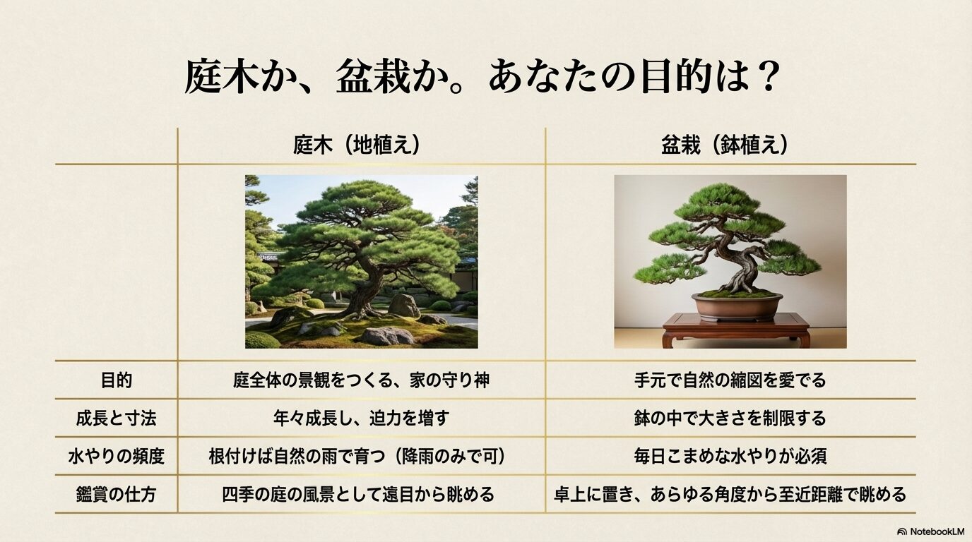 五葉松を庭木として地植えする場合と、盆栽として鉢植えする場合の成長、水やり、鑑賞の仕方の違いをまとめた比較表