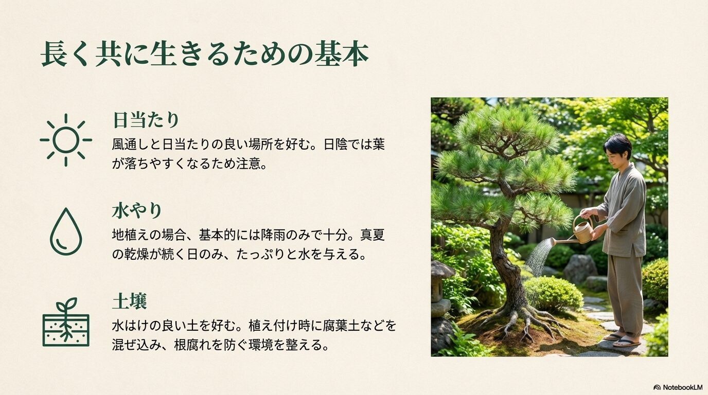 日当たりや水やり、土壌など、五葉松を長く健康に育てるための基本環境と、じょうろで水やりをする男性