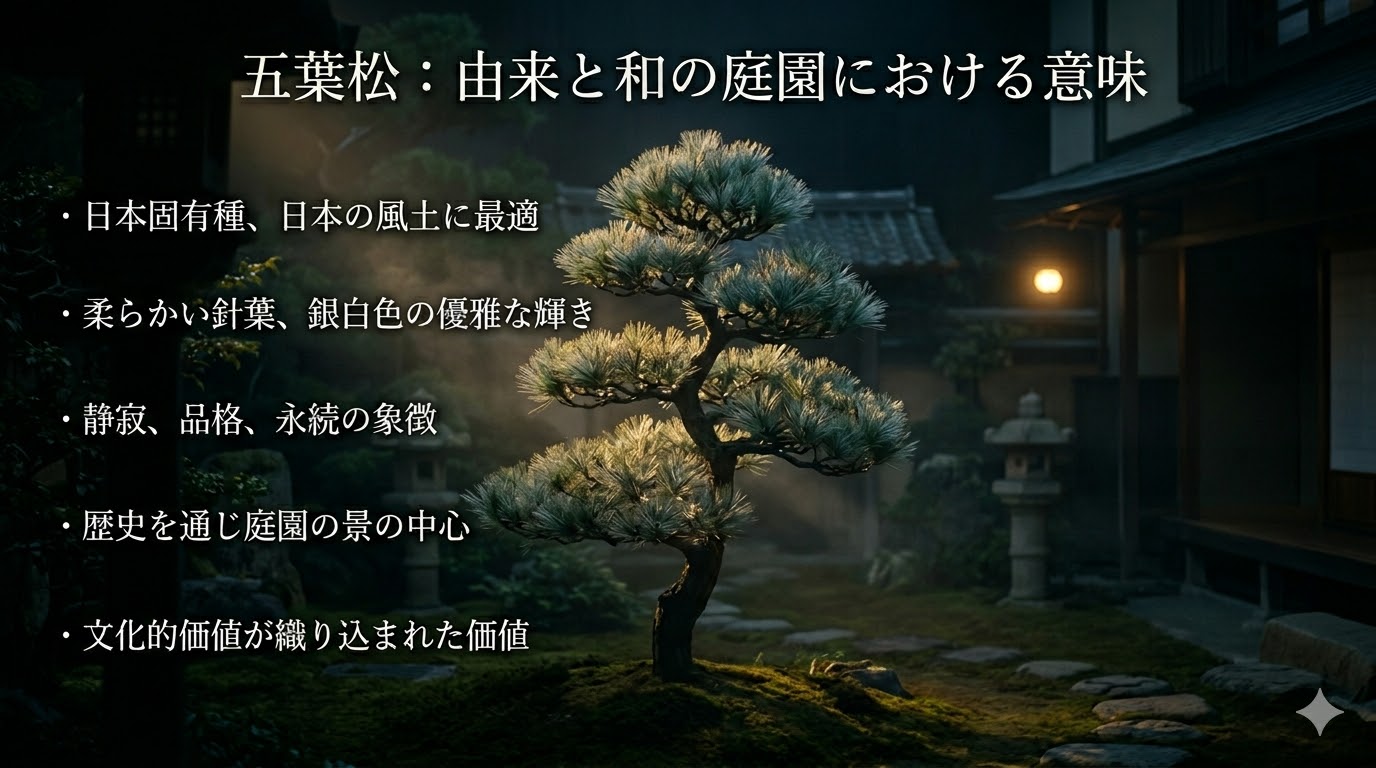 日本庭園に立つ五葉松の美しい写真に、その由来（日本固有種、銀白色の輝き）と庭園での意味（静寂・品格の象徴、景の中心、文化的価値）を簡潔にまとめた日本語テキストが添えられた解説スライド画像。