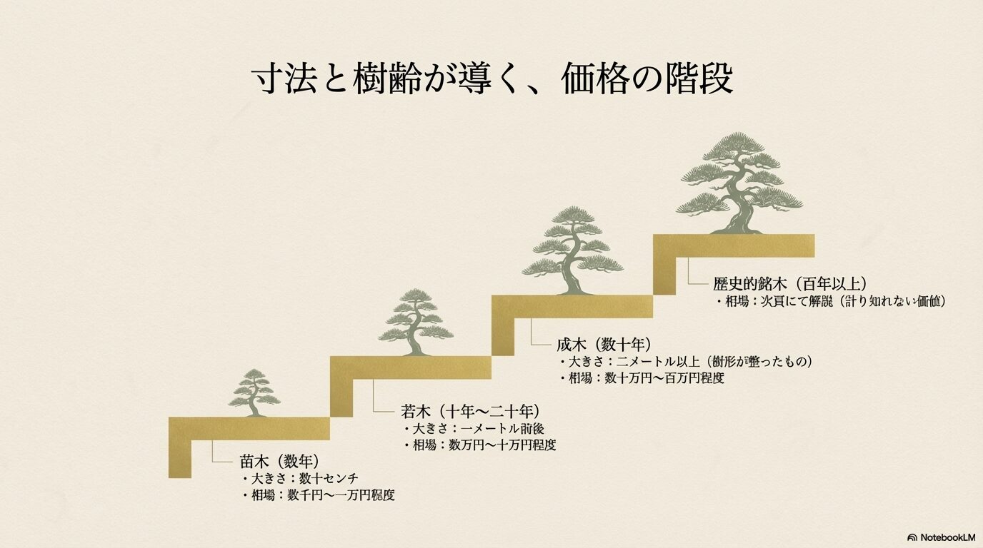 苗木から歴史的銘木まで、五葉松の寸法と樹齢別の価格相場とサイズ感を比較した図
