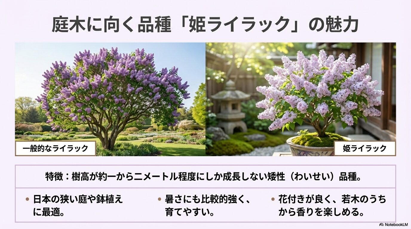 樹高が低く日本の狭い庭や鉢植えに最適な矮性品種「姫ライラック」と一般的なライラックの比較