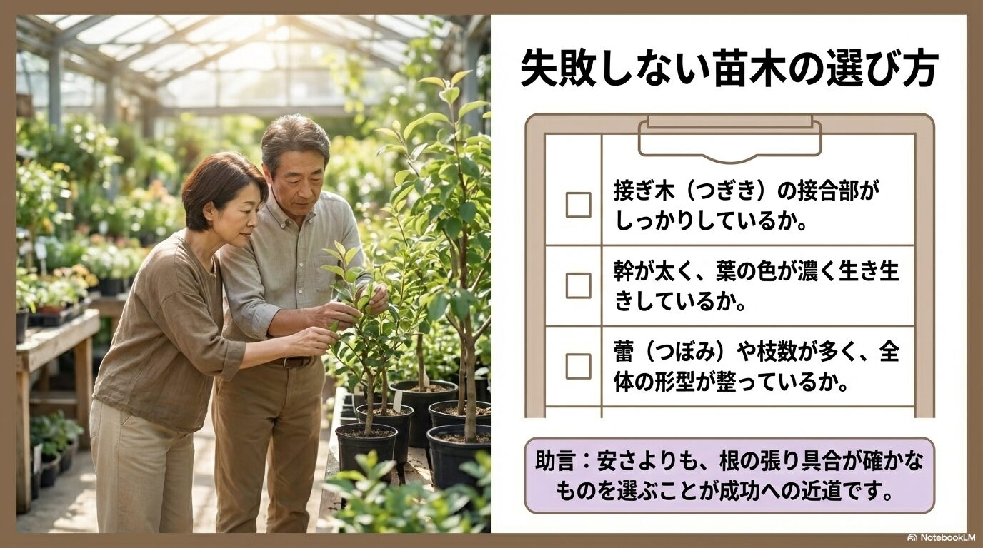 接ぎ木の接合部や幹の太さ、葉の色など、ライラックの健康な苗木を選ぶ際の3つのチェックポイント