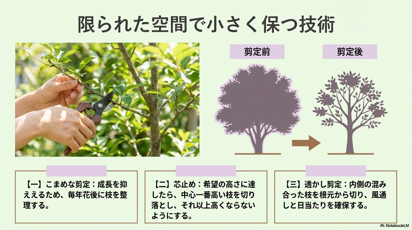 ライラックを小さく育てるためのこまめな剪定、芯止め、透かし剪定の解説