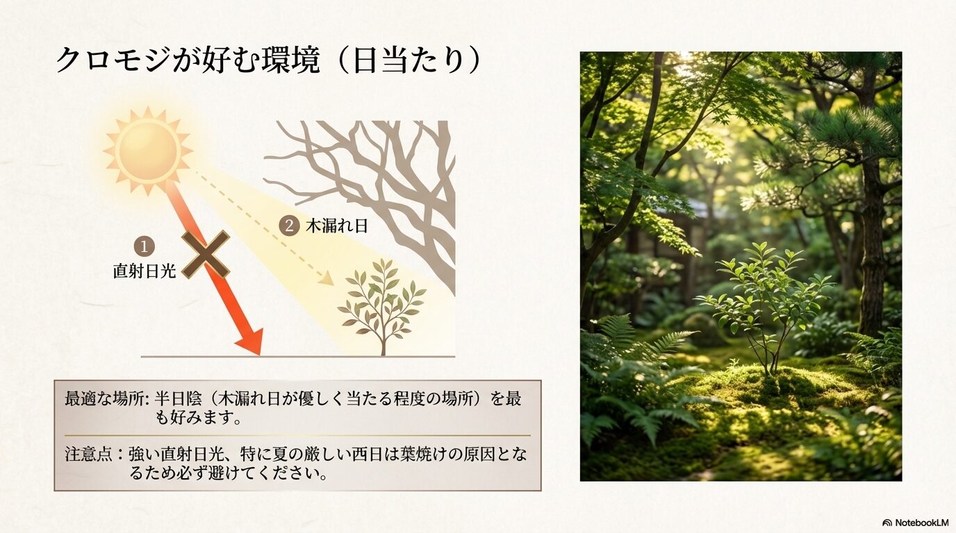 クロモジが最も好む半日陰（木漏れ日）の育成環境