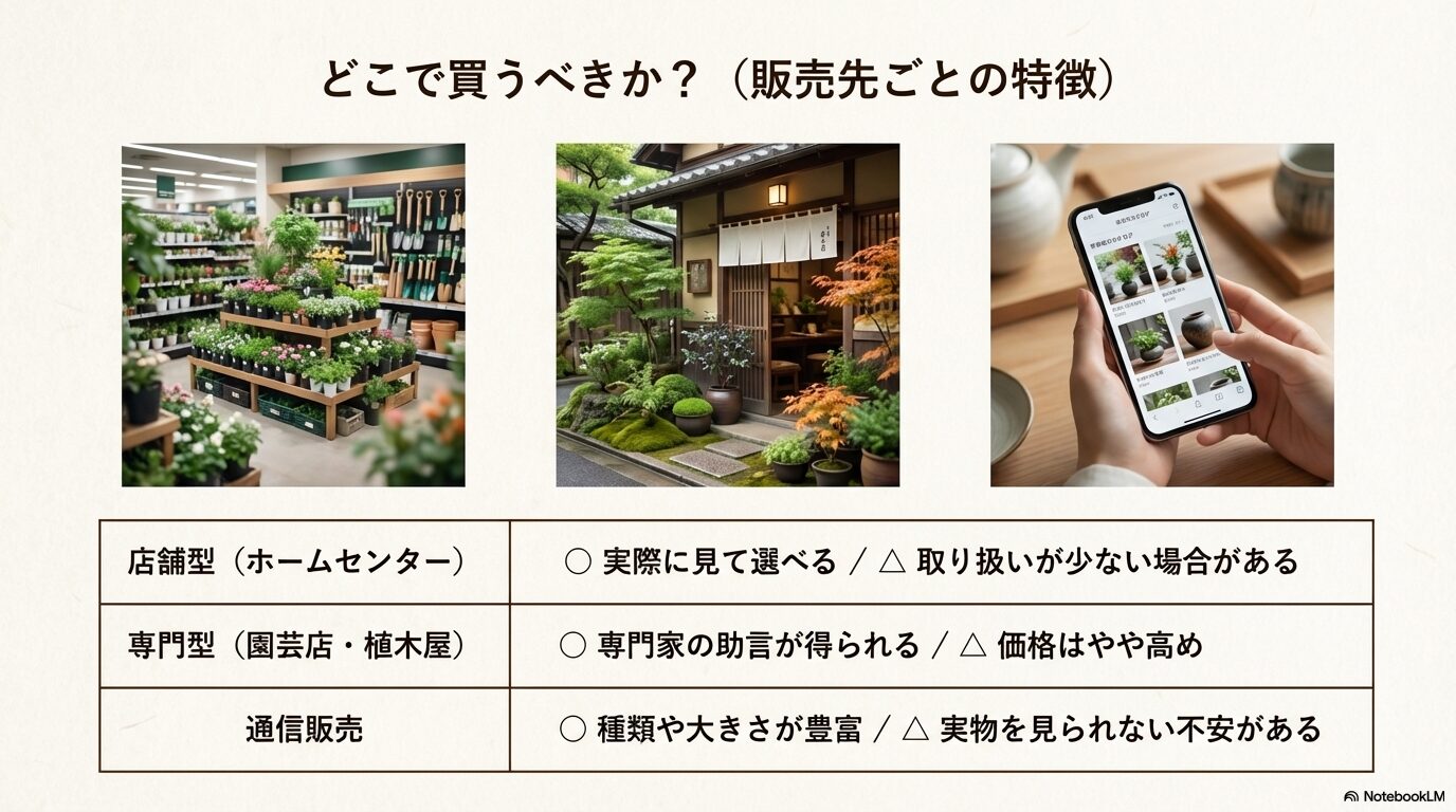 クロモジ苗木の販売先（店舗・専門業者・通販）ごとの特徴