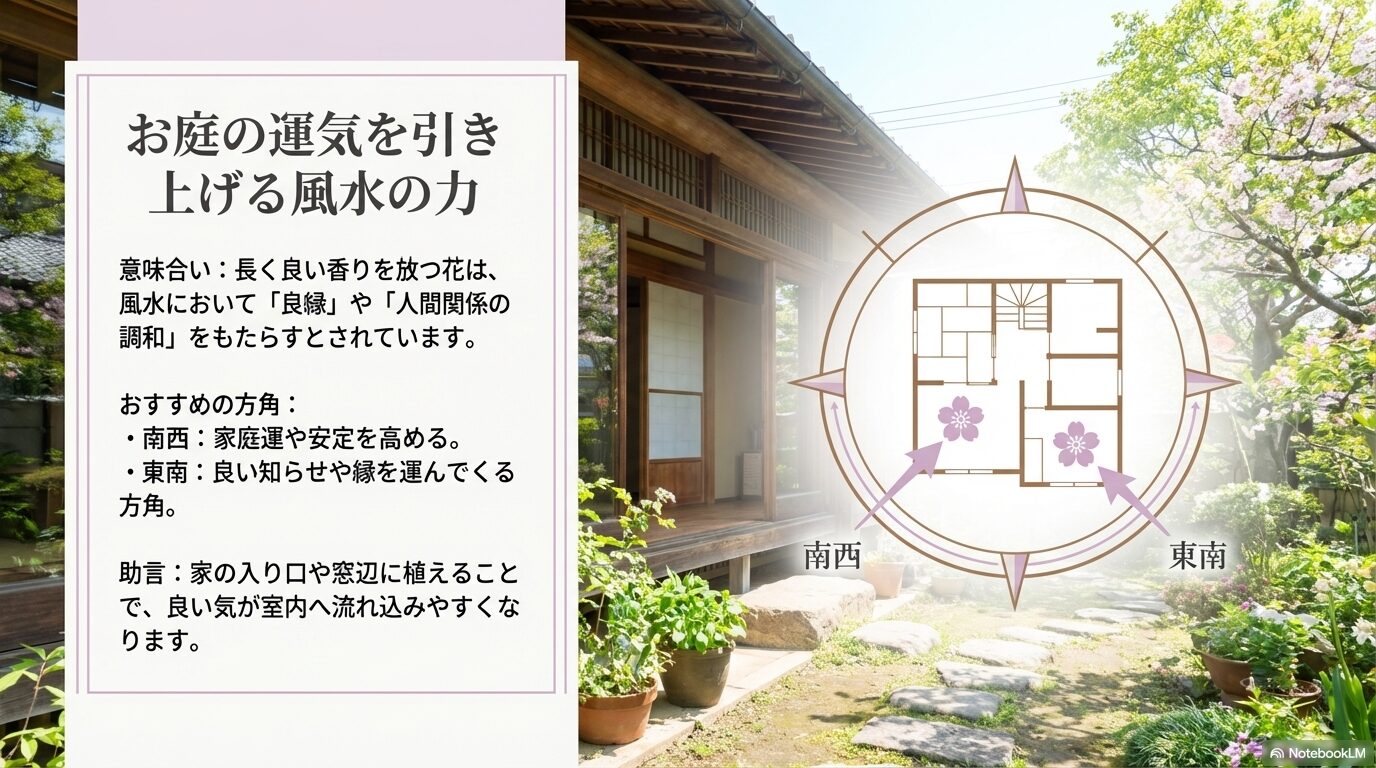 ライラックがもたらす良縁や人間関係の調和といった風水効果と、南西・東南などおすすめの方角