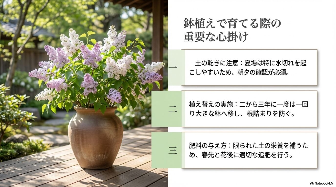 ライラックの鉢植え栽培で重要な土の乾きへの注意、植え替えの実施、肥料の与え方のポイント
