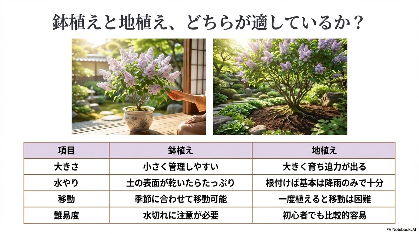 大きさ、水やり、移動、難易度の4項目におけるライラックの鉢植えと地植えの比較