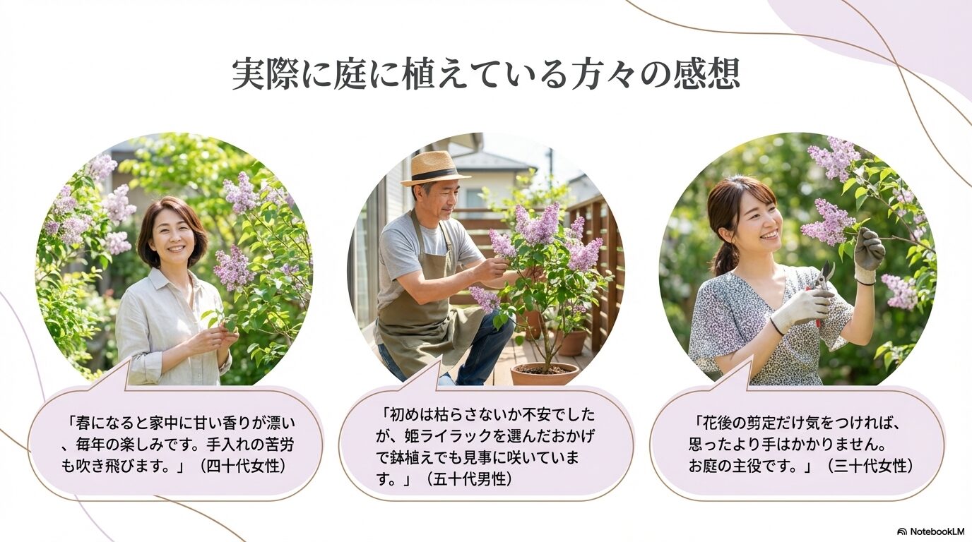 実際にライラックを育てている3名の男女による、香りや手入れに関する口コミや感想