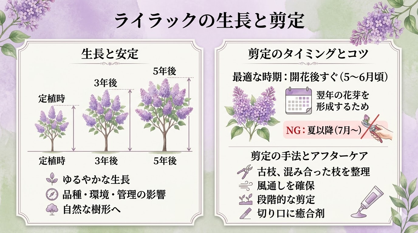 ライラックの成長速度と剪定の解説図