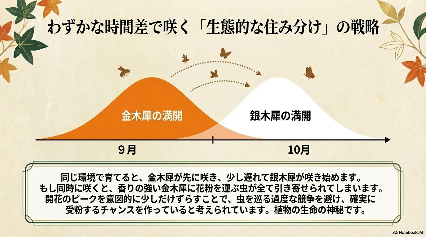 金木犀が先に咲き、少し遅れて銀木犀が咲くことで虫を巡る競争を避ける植物の生存戦略の図解