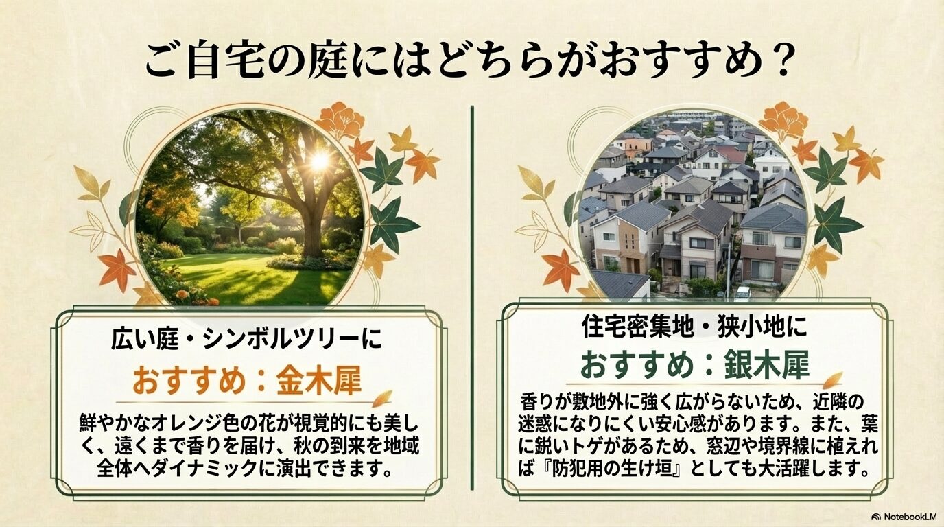 広い庭のシンボルツリーには金木犀、住宅密集地や狭小地には香りが控えめで防犯にもなる銀木犀をおすすめする解説