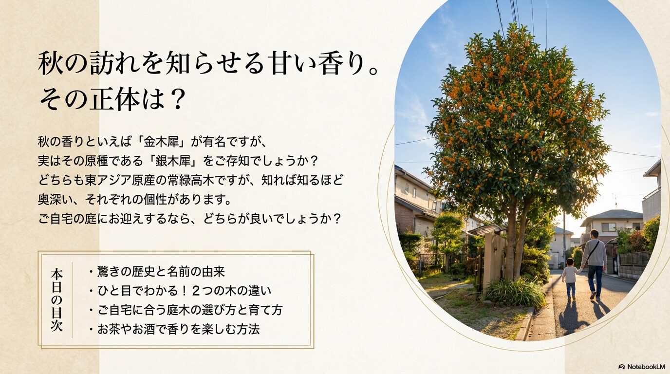 銀木犀と金木犀の驚きの歴史、見分け方、庭木の選び方やお茶での楽しみ方を記載した目次