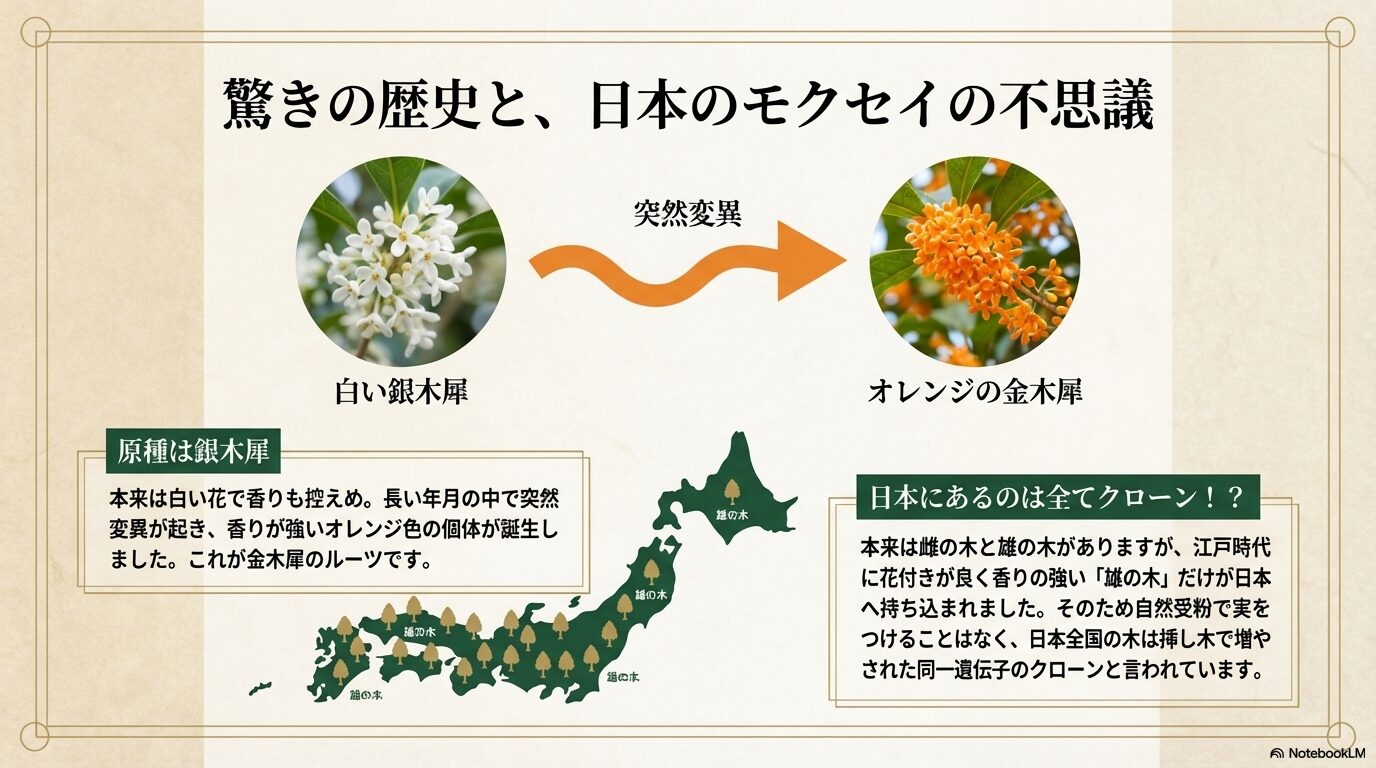 金木犀のルーツは銀木犀の突然変異であり、日本のモクセイは雄株のみのクローンであることを解説した図