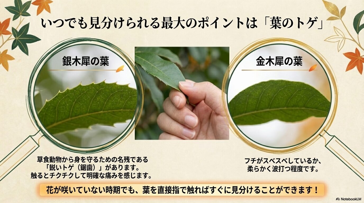 フチに鋭いトゲがある銀木犀の葉と、スベスベしている金木犀の葉の見分け方を示す図