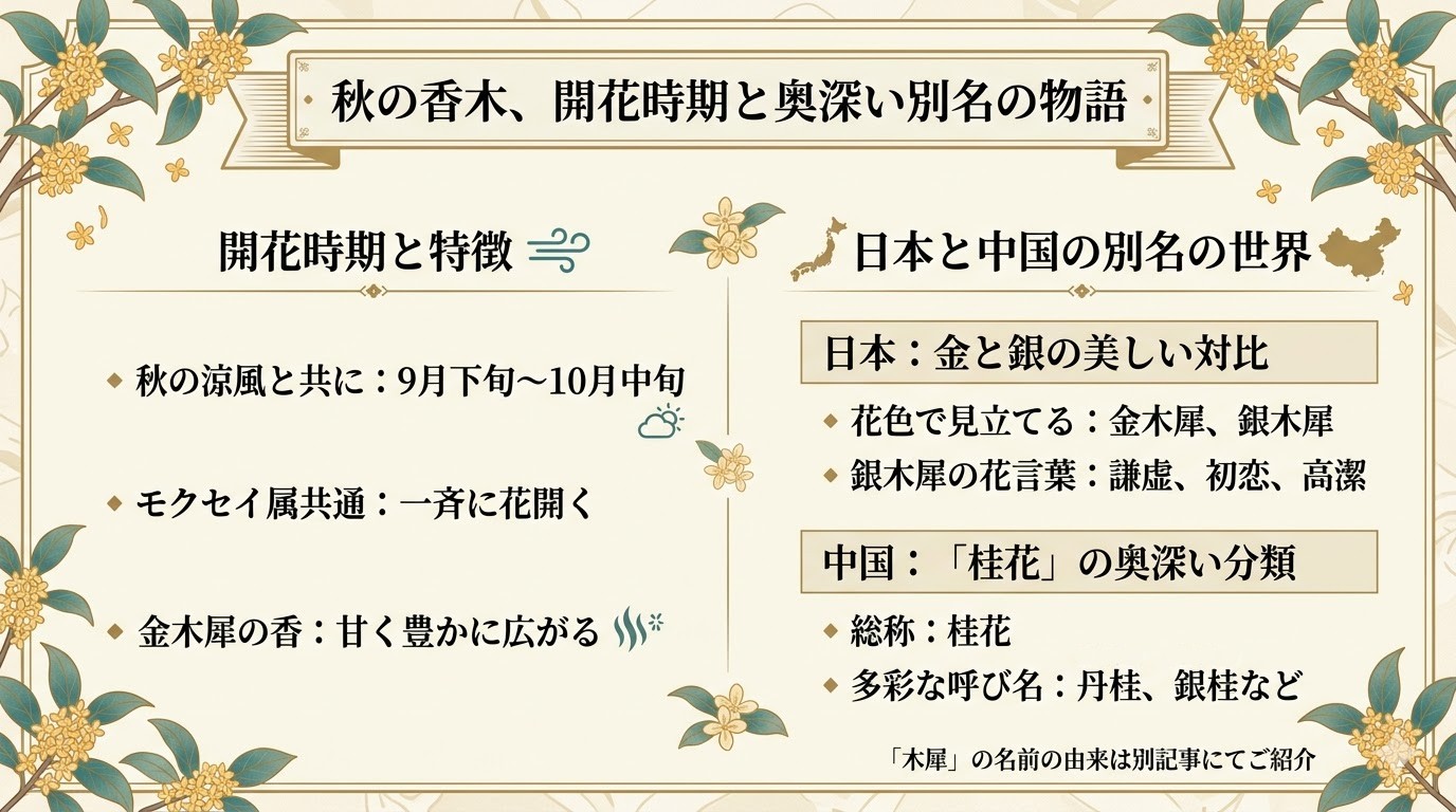 木犀の名前の由来となったサイ（犀）と別名の説明図