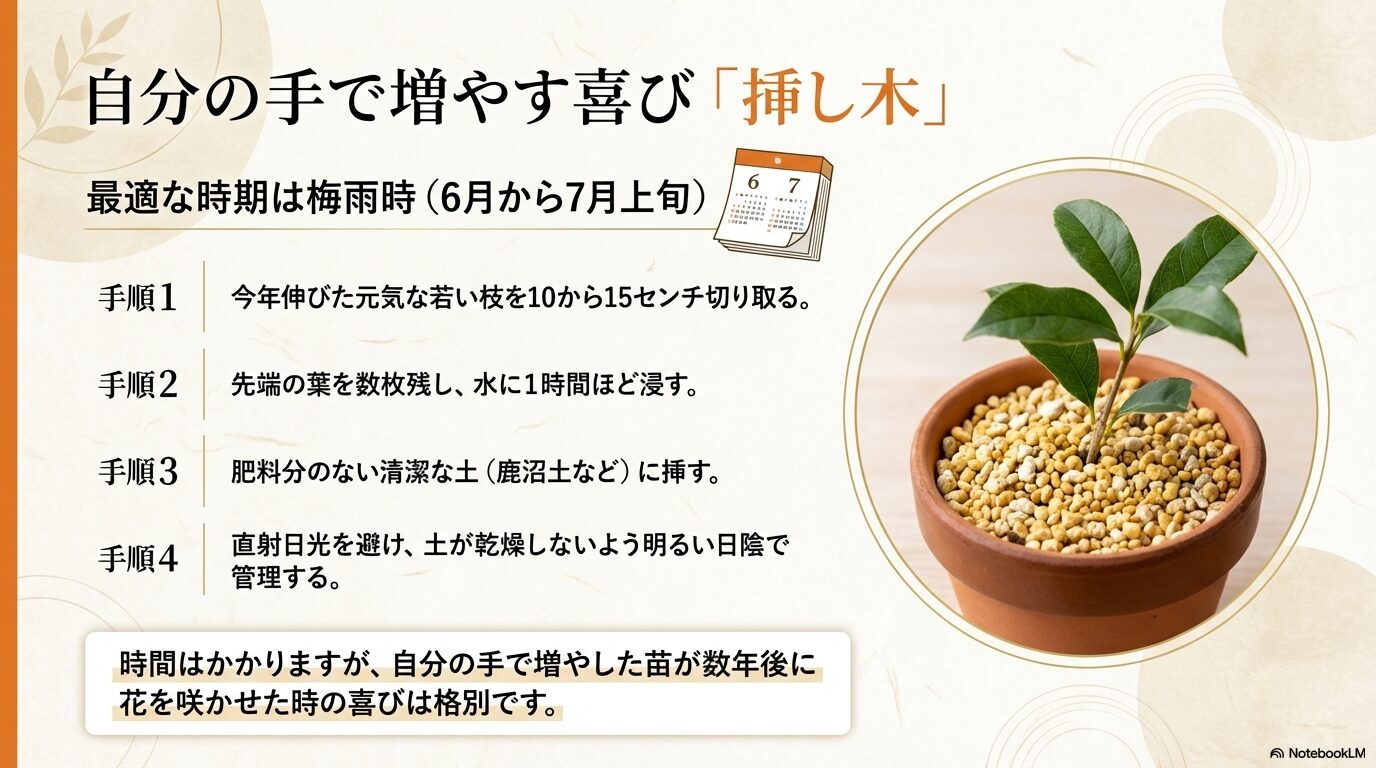 梅雨時に若い枝を切り取り、水に浸してから清潔な土に挿して日陰で管理する挿し木の手順4ステップ