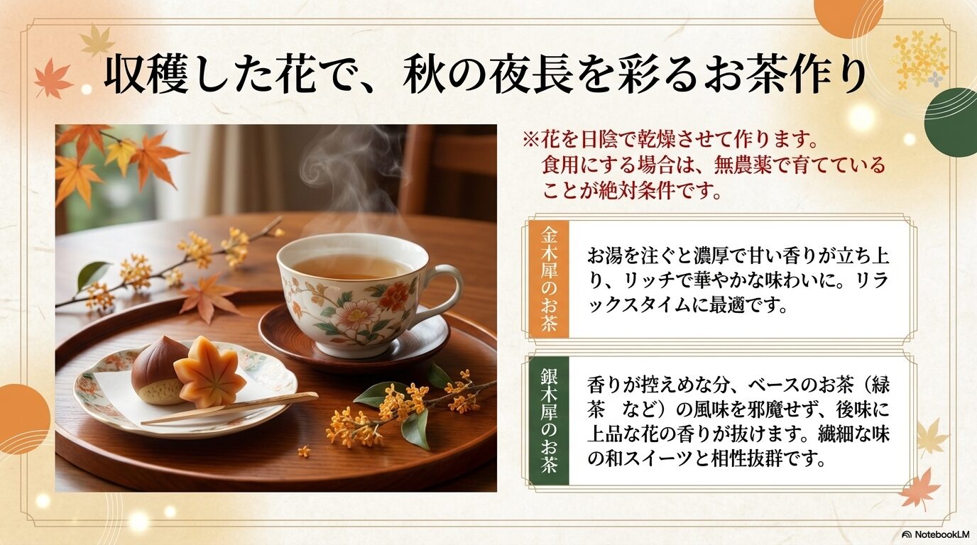 リッチな味わいの金木犀のお茶と、繊細で上品な和スイーツに合う銀木犀のお茶の特徴
