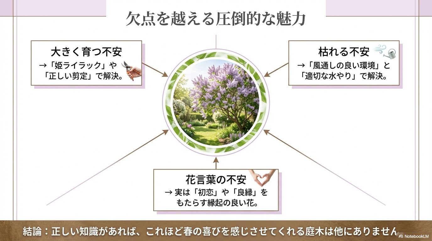 ライラックを育てる際の大きく育つ不安、枯れる不安、花言葉の不安を解決する正しい知識のまとめ図解