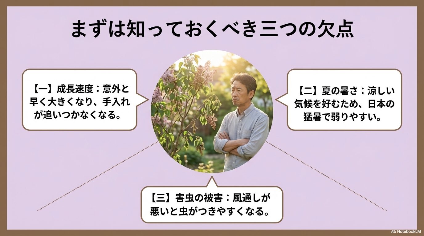 ライラックを庭に植える前に知っておくべき成長速度、夏の暑さへの弱さ、害虫被害という3つの欠点