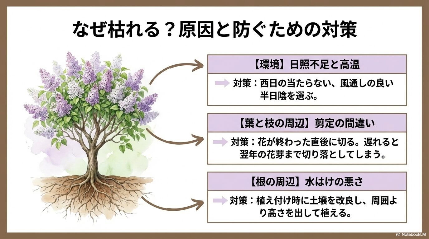 ライラックが枯れる原因となる日照不足、剪定の間違い、水はけの悪さとそれぞれの対策方法