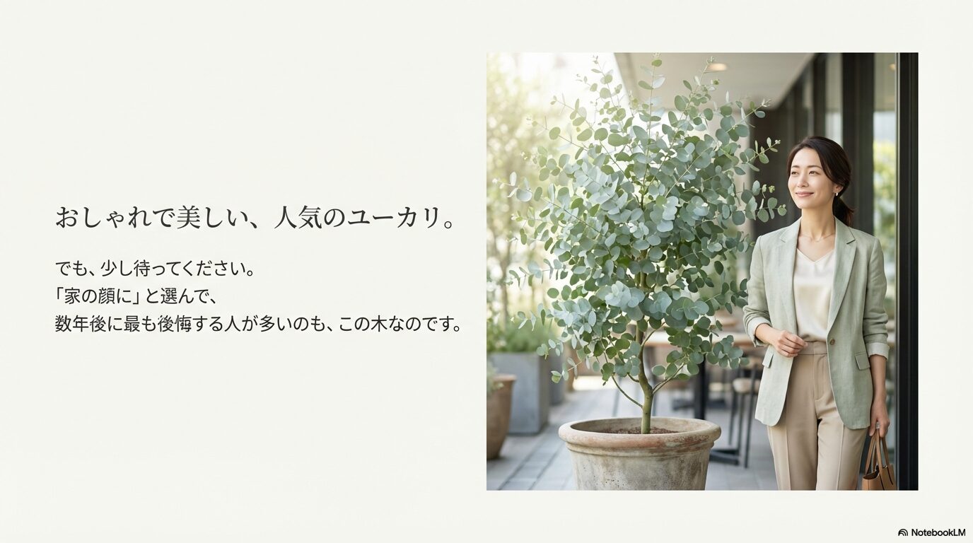 おしゃれで美しい人気のユーカリの鉢植えの横で微笑む女性