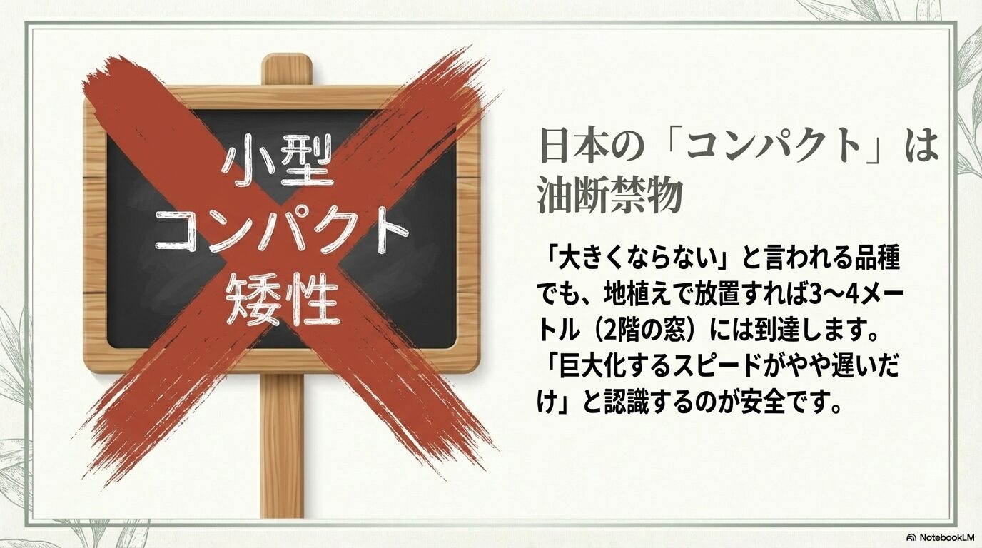 大きくならないと言われる品種でも、地植えで放置すれば2階の窓の高さに到達するという真実