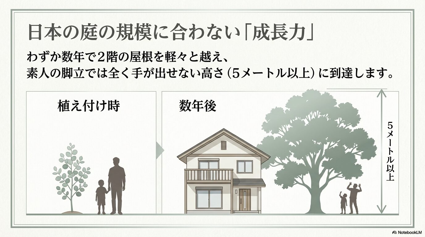 植え付け時から数年で5メートル以上に到達してしまう、ユーカリの異次元の成長スピードの図解