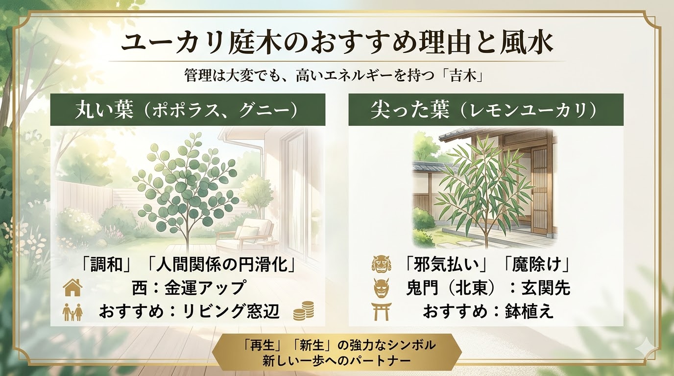 ユーカリ庭木が風水的に「吉木」とされる理由と、丸い葉（調和・金運・西）と尖った葉（魔除け・玄関・北東）それぞれの風水的意味とおすすめの配置場所を解説するスライド画像。