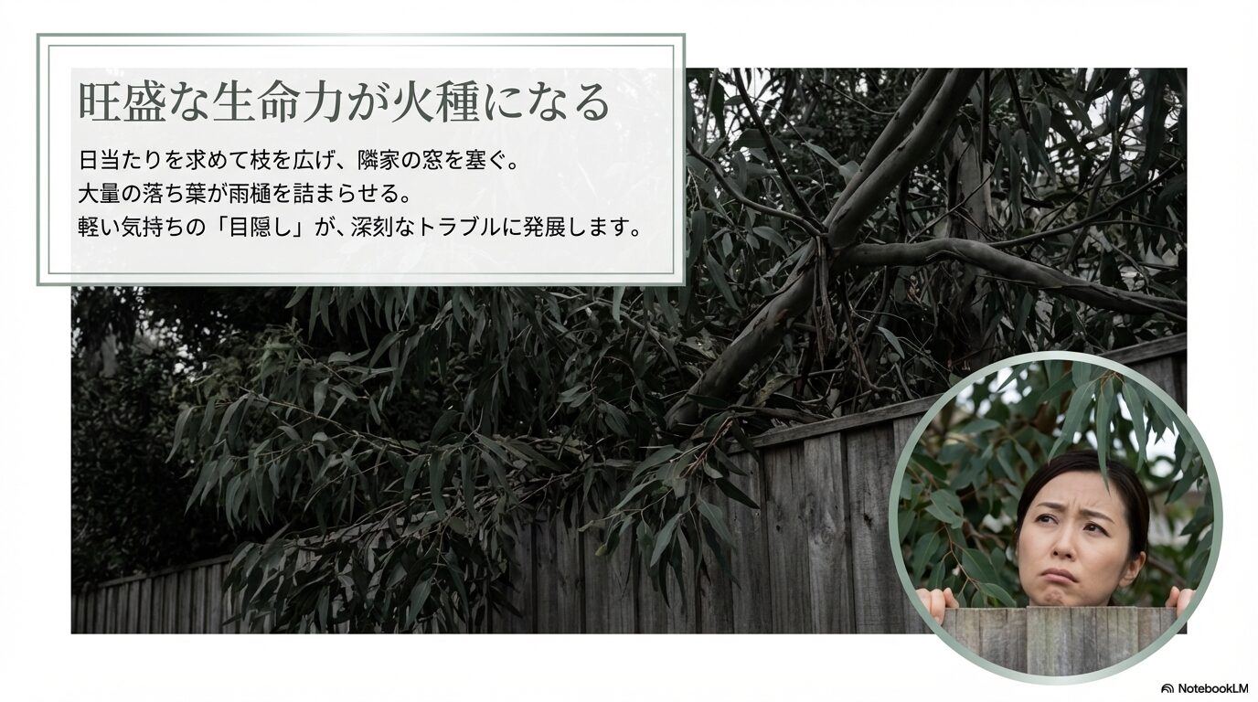 隣家の窓を塞いだり大量の落ち葉が雨樋を詰まらせたりする、ユーカリの生命力が引き起こすご近所トラブル