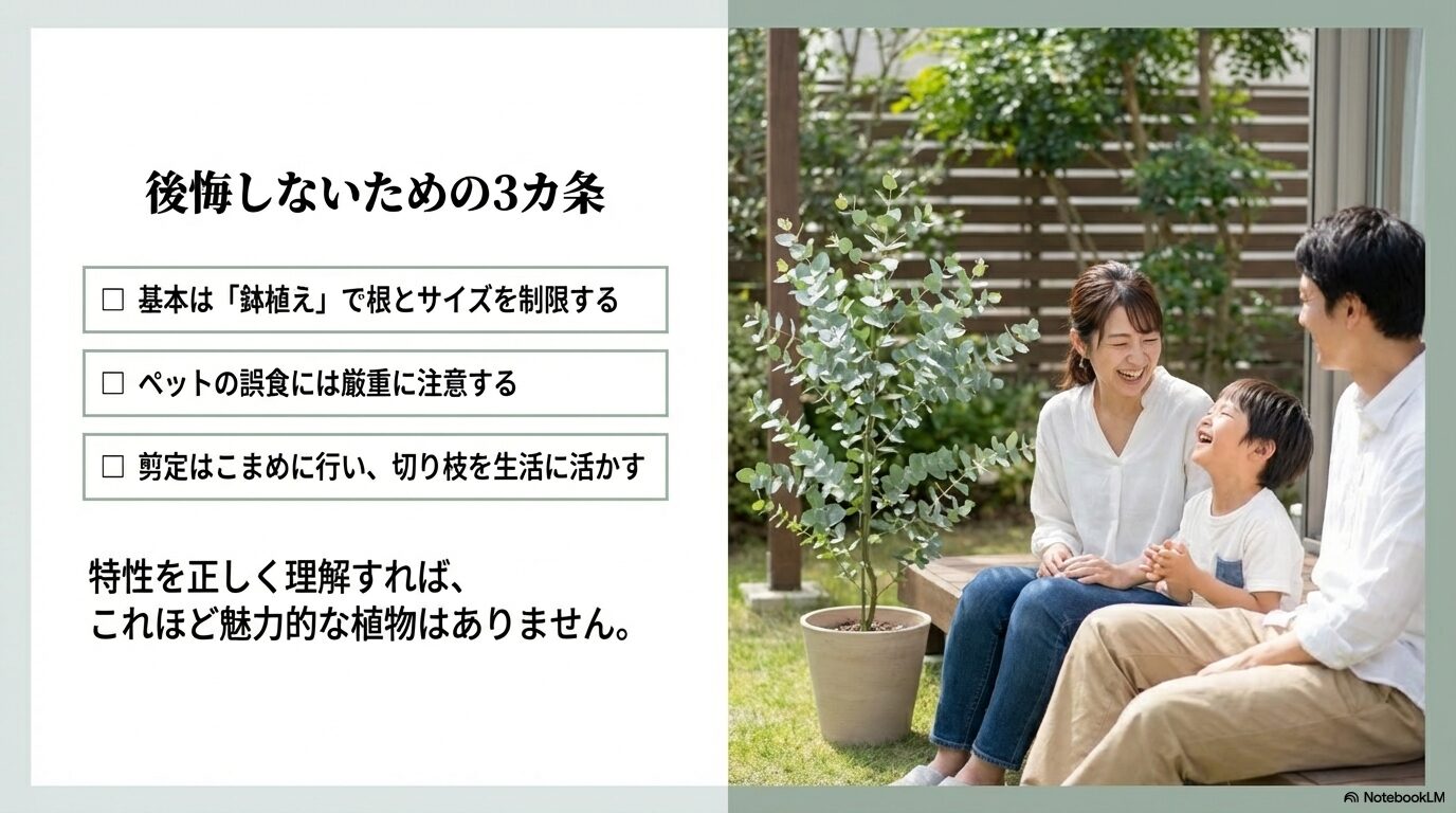 鉢植え管理、ペットへの注意、こまめな剪定という、ユーカリを庭木にして後悔しないための3カ条と庭でくつろぐ家族