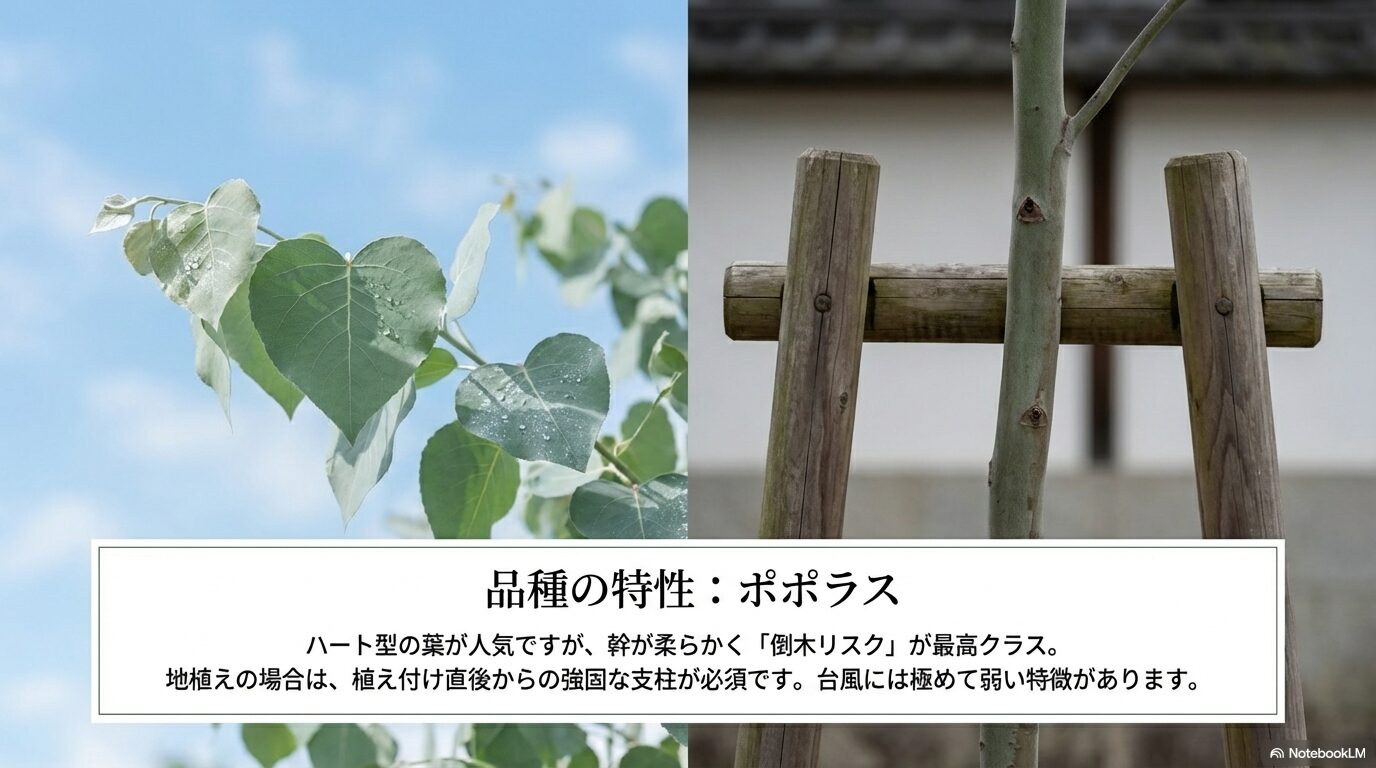幹が柔らかく倒木リスクが最高クラスのため、強固な支柱が必須となるユーカリ・ポポラスの特徴