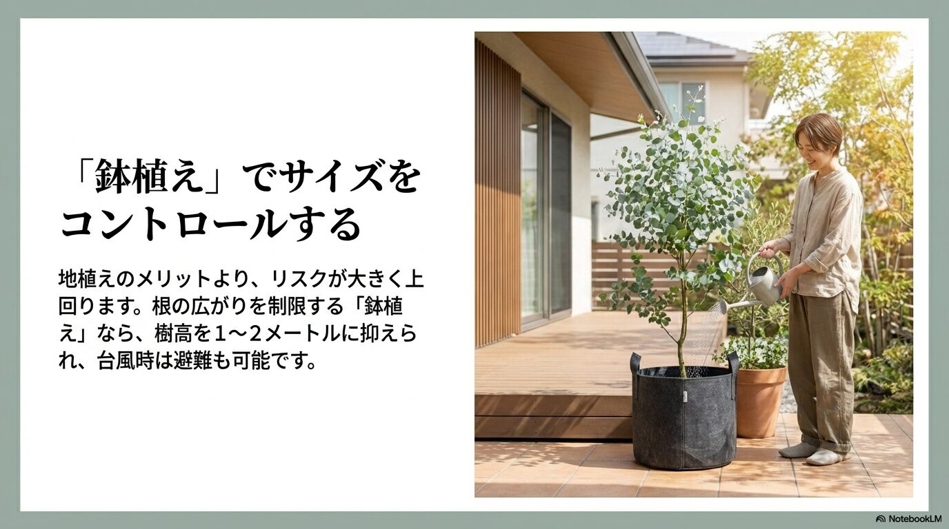不織布ポットなどの鉢植えで根の広がりを制限し、樹高を抑えて安全に管理するユーカリ