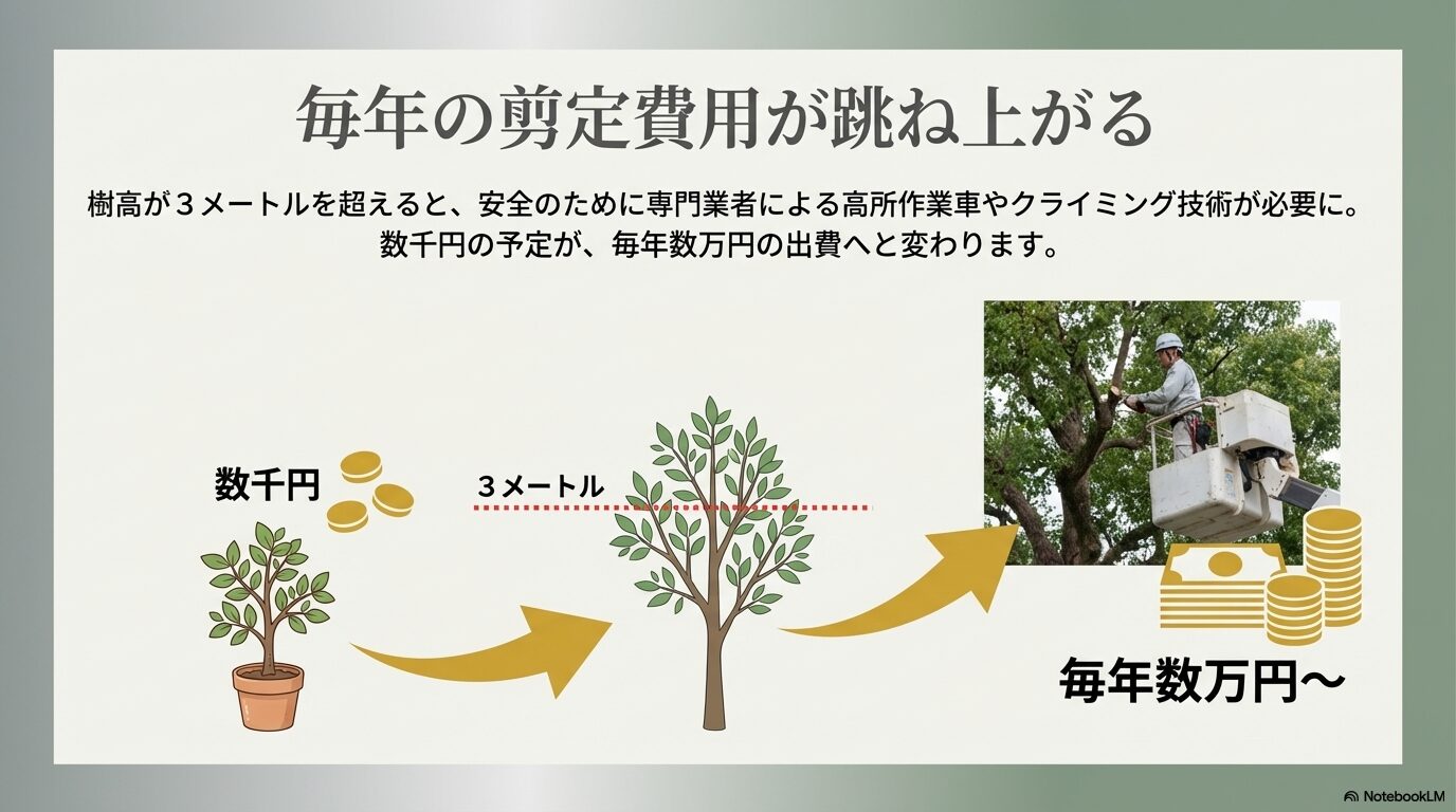 高所作業車による専門業者の剪定が必要になり、毎年数万円の出費へと変わるユーカリの維持費の高騰