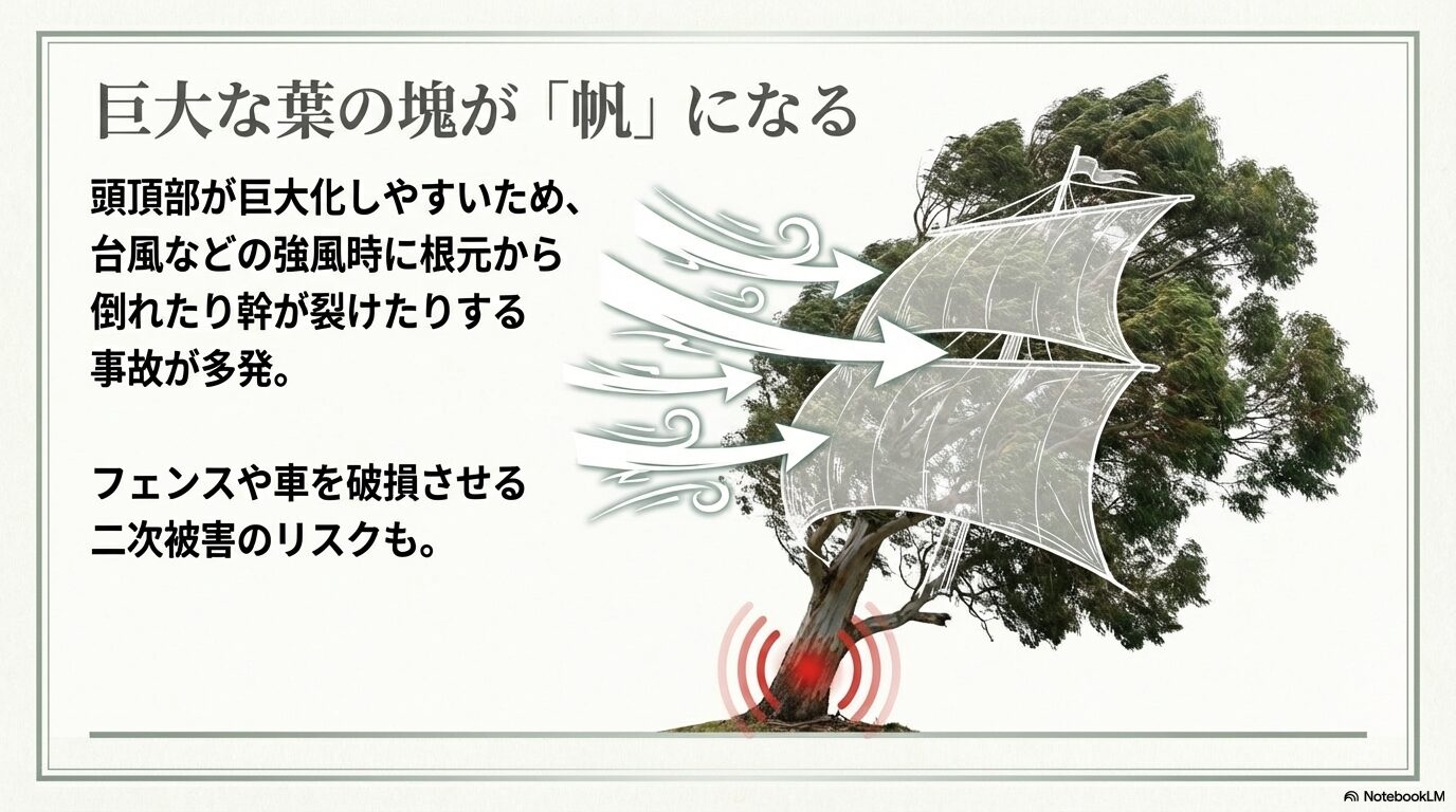 台風などの強風時に巨大な葉が風を受け、根元から倒れたり幹が裂けたりするユーカリの倒木リスク