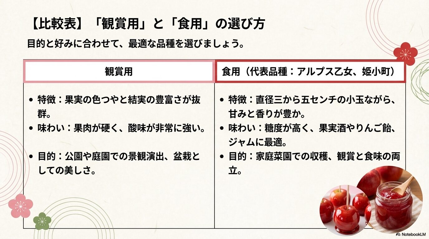 姫りんごの観賞用と食用の特徴・味わい・目的の比較表