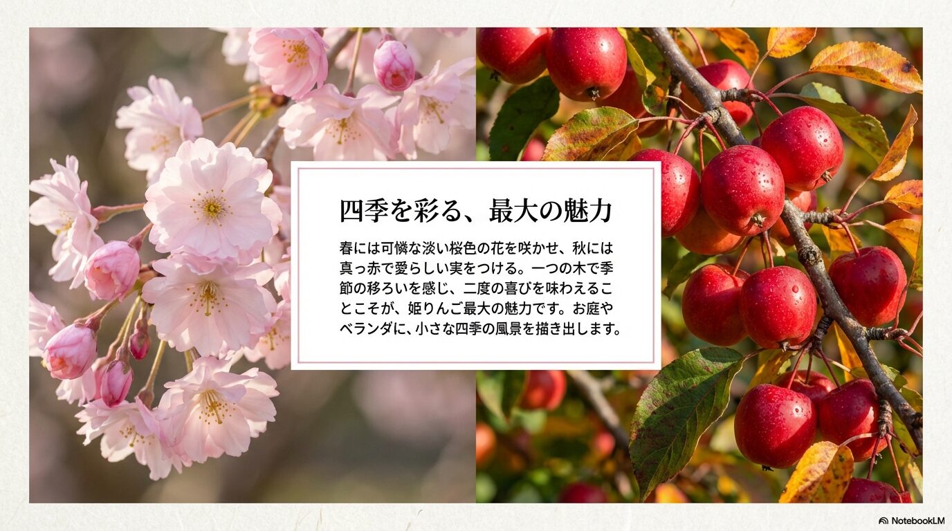 春の桜色の花と秋の真っ赤な実で四季を彩る姫りんごの魅力