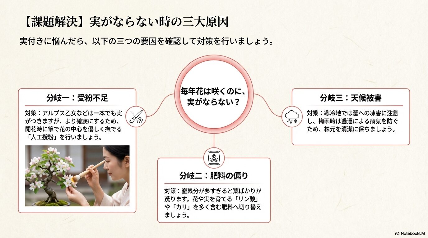 姫りんごの実がならない三大原因(受粉不足・肥料の偏り・天候被害)