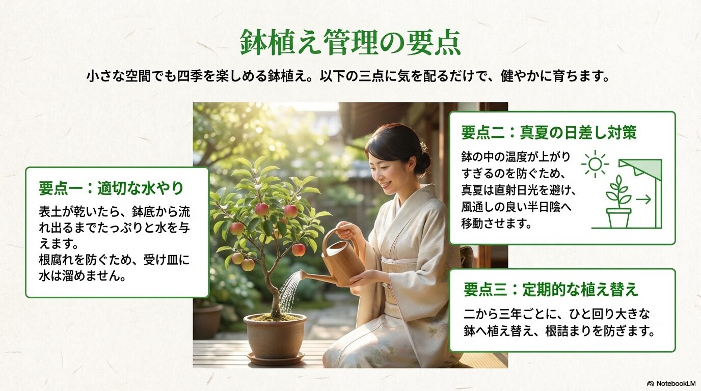 姫りんごの鉢植え管理の3つの要点(水やり・日差し対策・植え替え