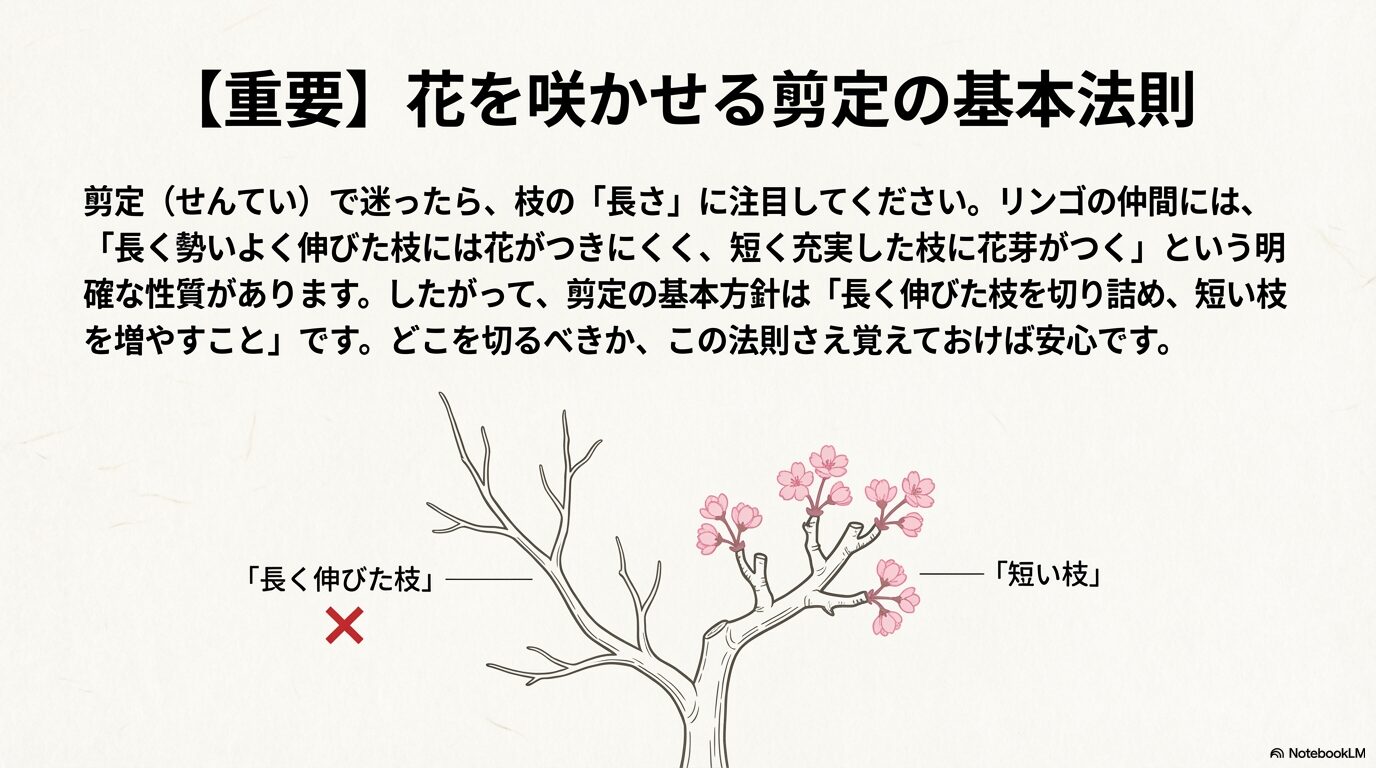 姫りんごの剪定の基本法則(長く伸びた枝と短い枝の切り方)