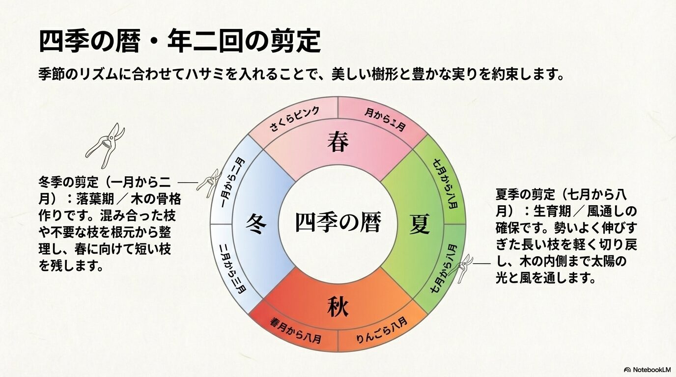 姫りんごの四季の暦と年2回の剪定タイミング(冬季と夏季)