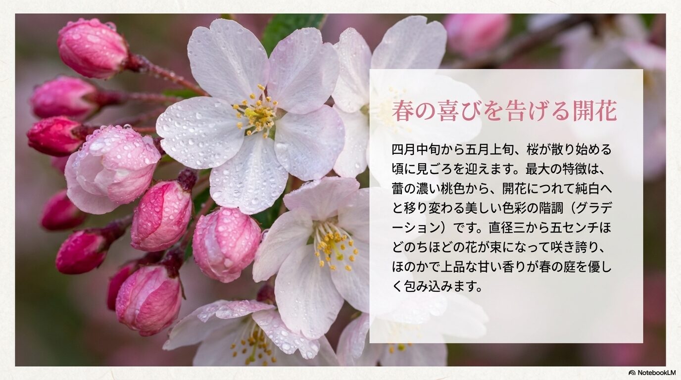 春に咲く姫りんごの薄ピンク色から純白へ移り変わる花