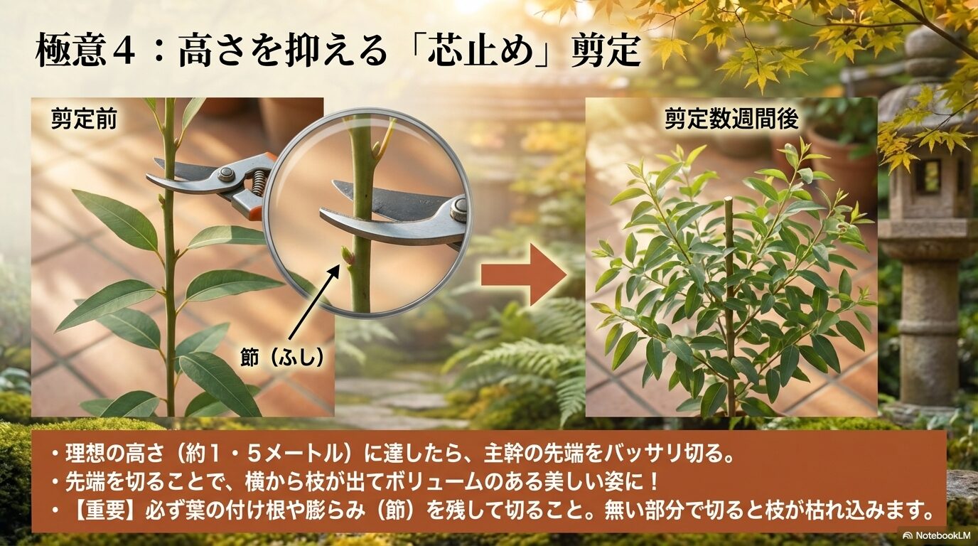 理想の高さで主幹を切り節を残すレモンユーカリの芯止め剪定のやり方とポイント