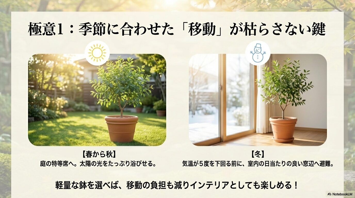 春から秋は屋外で日光浴させ、冬は室内へ移動させるレモンユーカリの枯らさない育て方