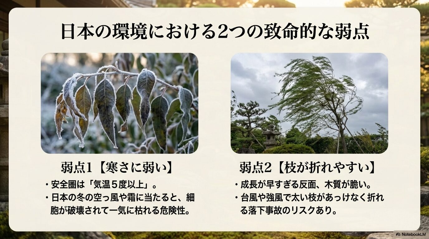 寒さに弱く枝が強風で折れやすいレモンユーカリの日本の気候における致命的な弱点