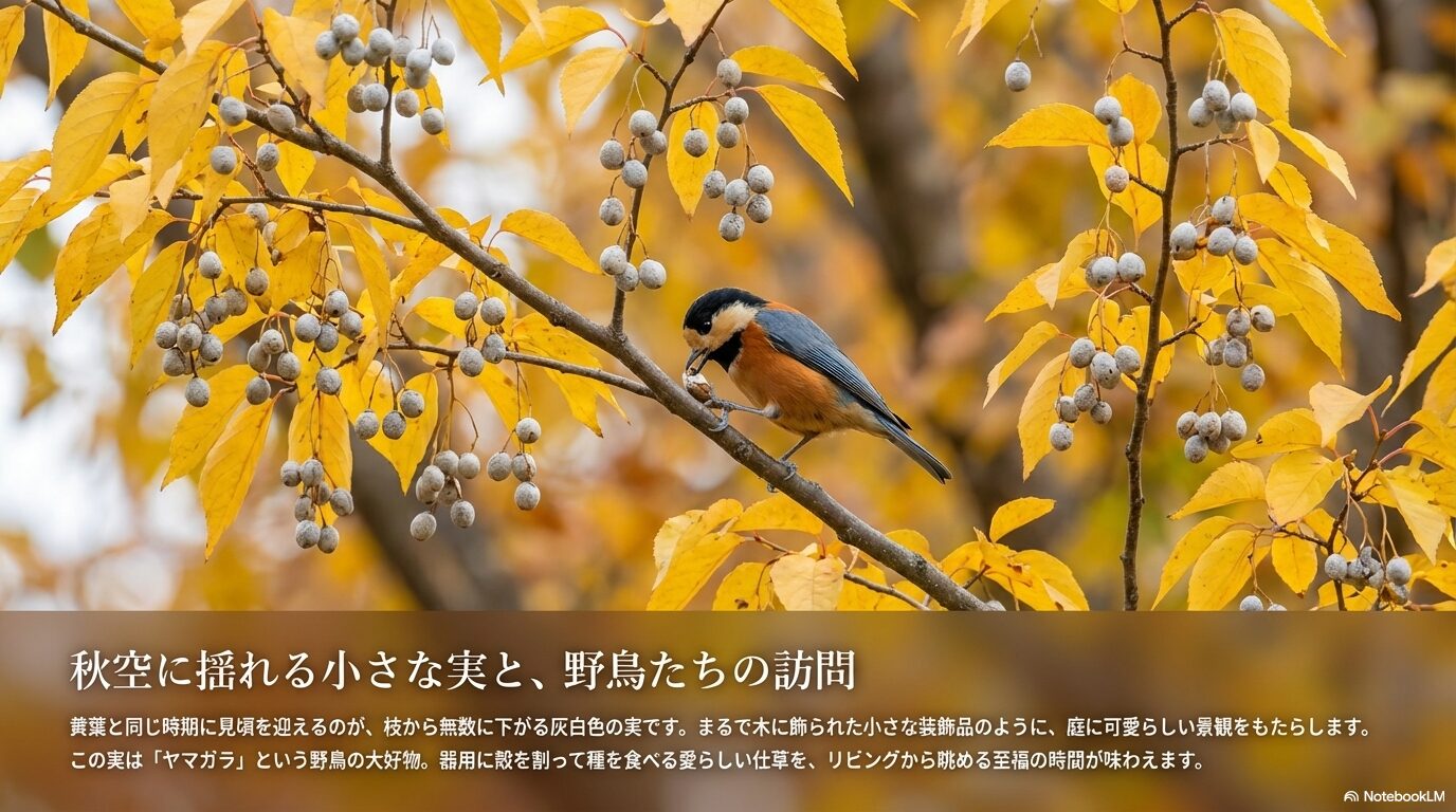 秋空に揺れるエゴノキの灰白色の実をついばむ野鳥のヤマガラ
