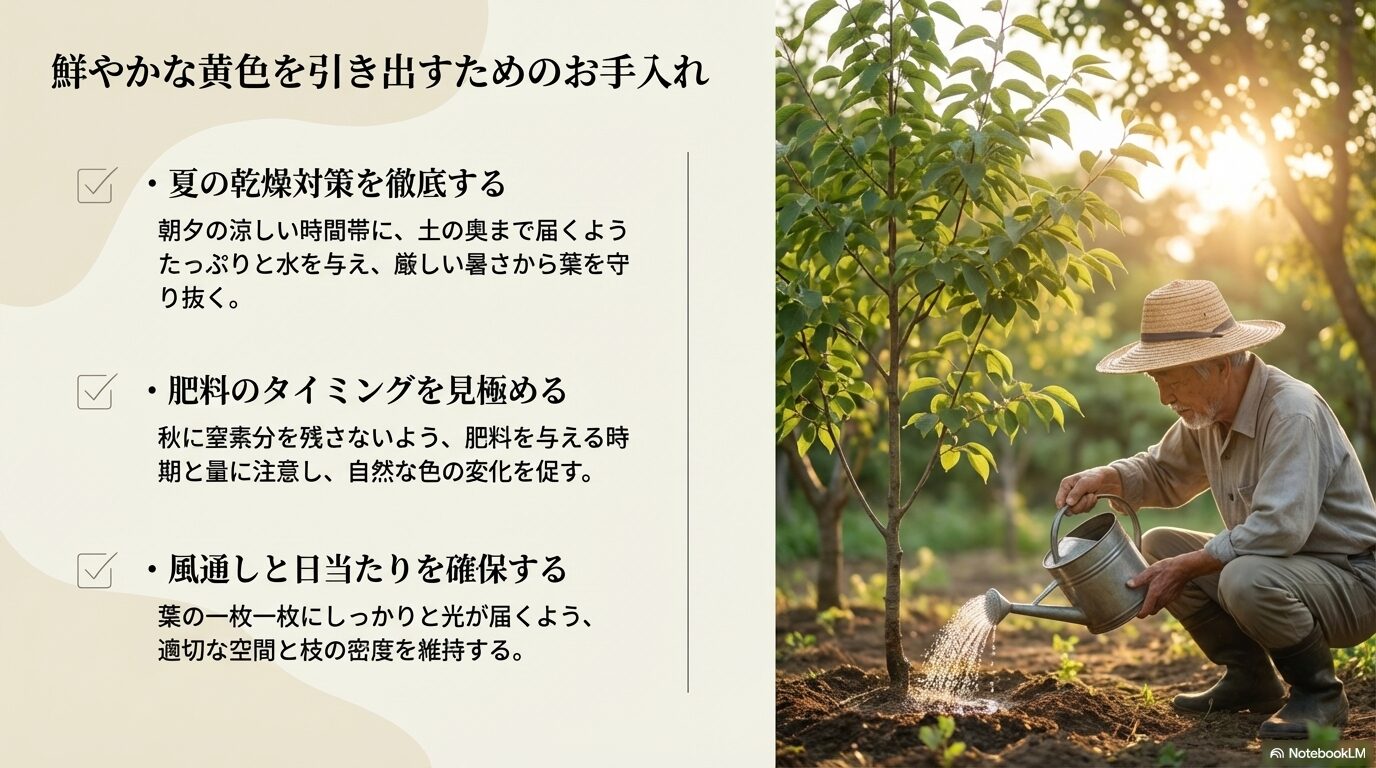 夏の乾燥対策、肥料のタイミング、風通しと日当たりを確保するエゴノキのお手入れ方法