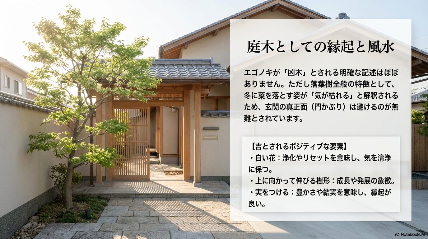 白い花や上に向かって伸びる樹形、実をつけるなどエゴノキの吉とされるポジティブな風水要素