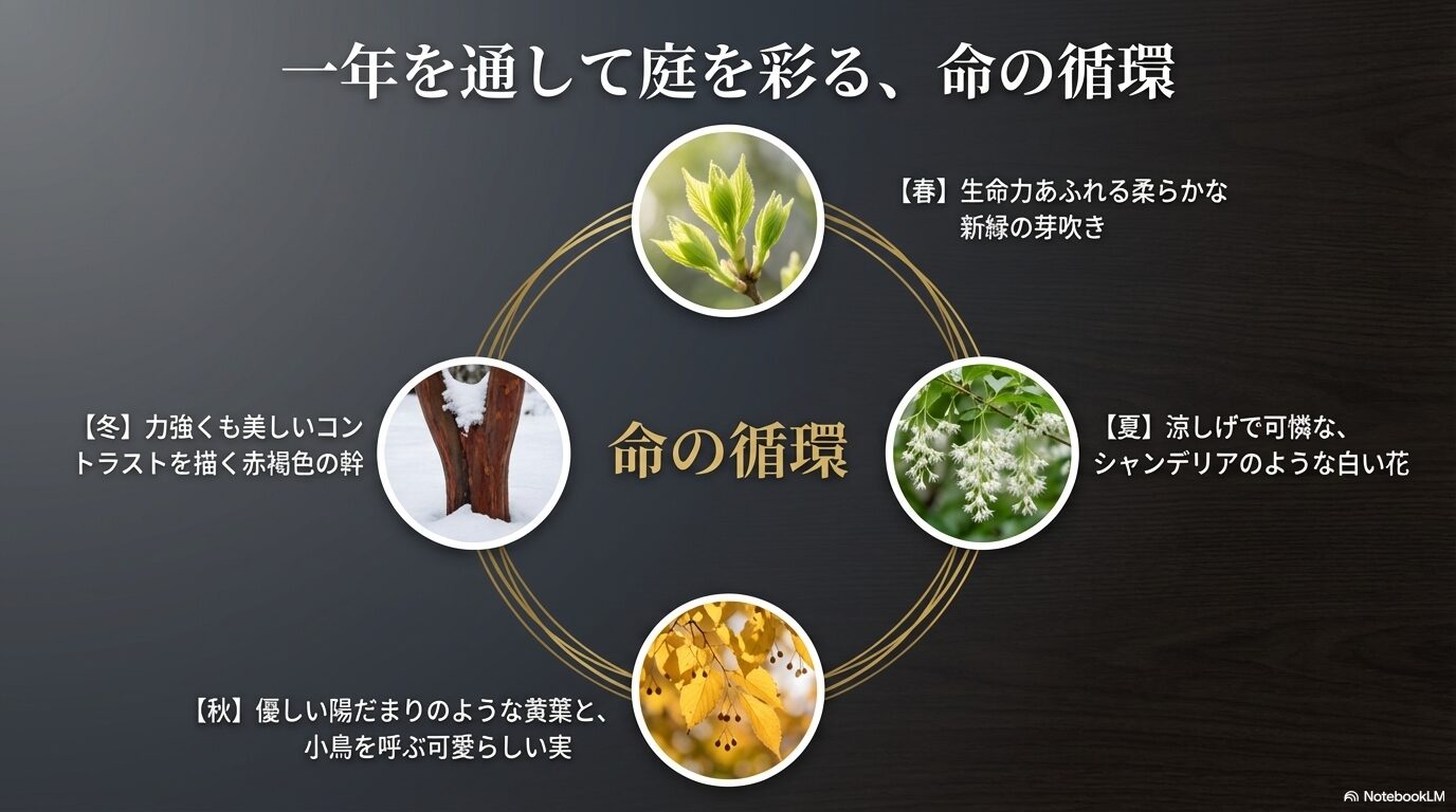 春の新緑、夏の花、秋の黄葉、冬の幹といったエゴノキの命の循環と四季の移ろい