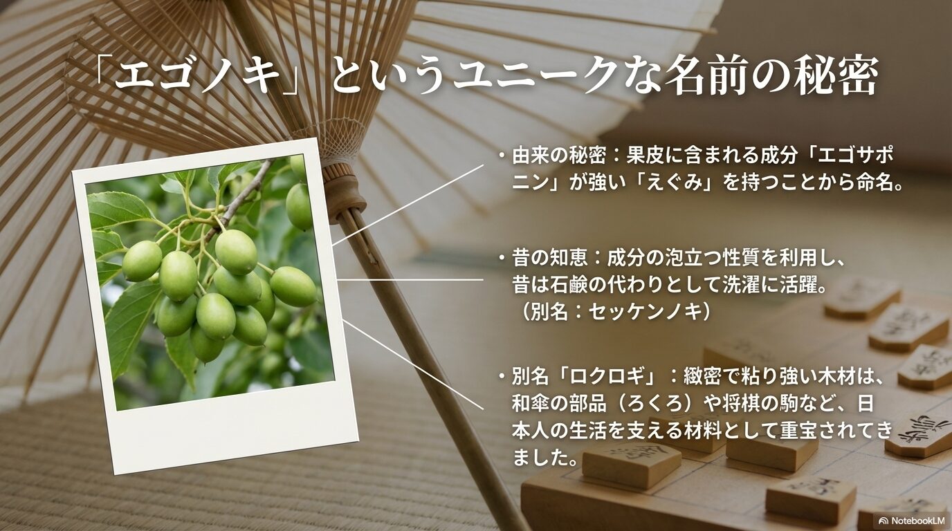 エゴノキの名前の由来である成分エゴサポニンと、別名ロクロギやセッケンノキの解説